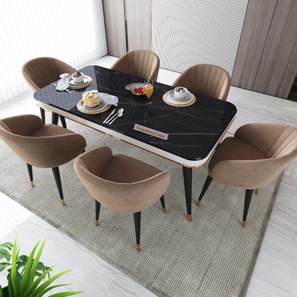 PAAM WOOD Marble Top Dining Table Set, 6 Seater,  84 x 36 x 30 Inches Black Neno Stone Top, Sheesham Wood Legs with Upholstered Chairs