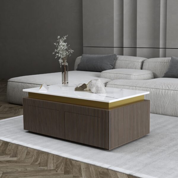 PAAM WOOD Luxury Marble-Top Wooden Center Table for Living Room | Louvers | Modern Entryway Furniture | Coffee Table